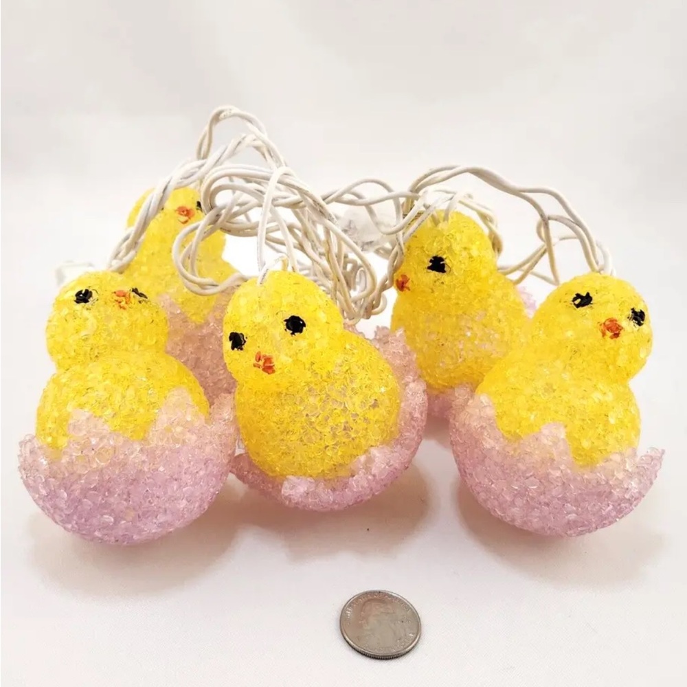 Vtg Easter String Lights Chicks in Egg Shell Crystal Melted Popcorn Plastic